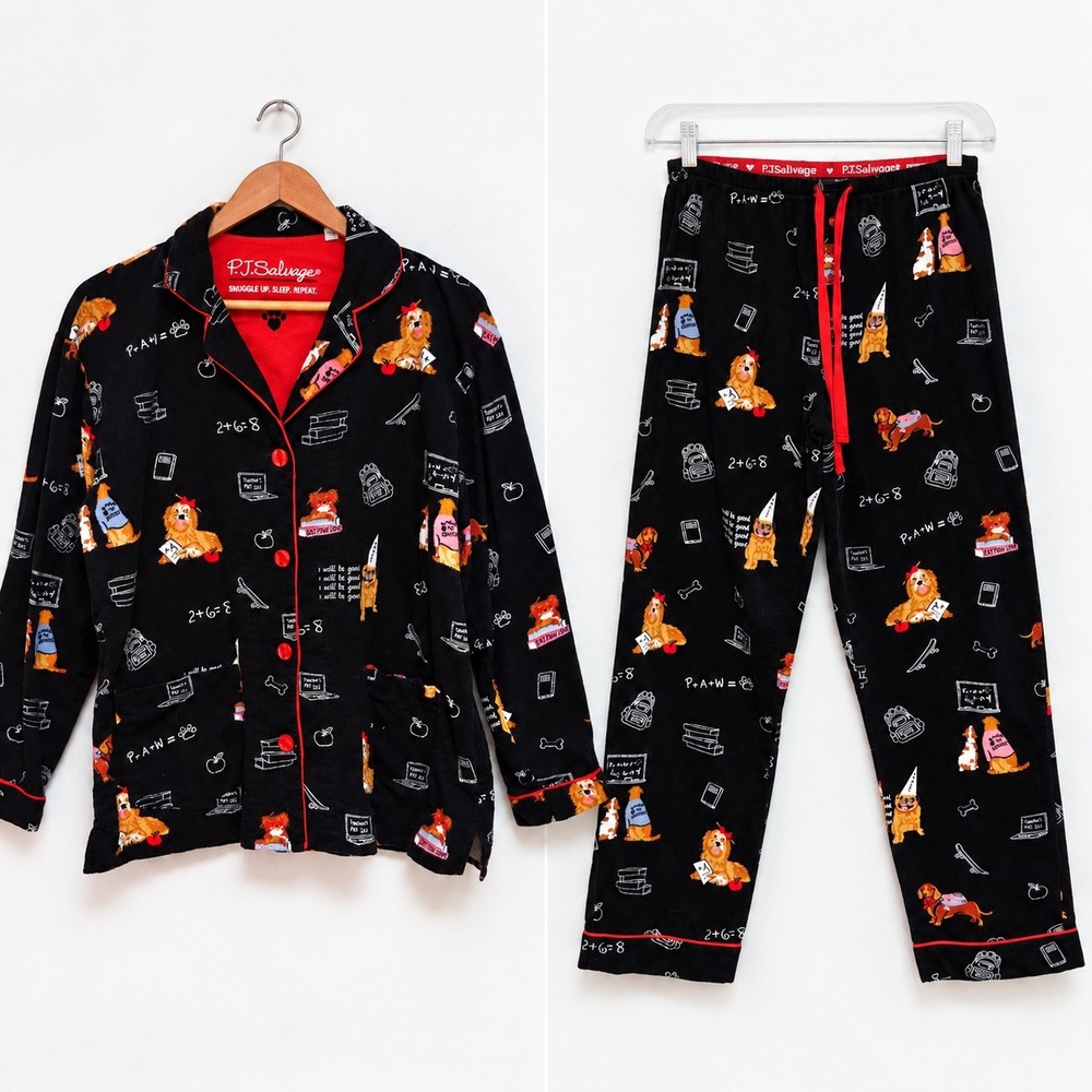 PJ Salvage Pajama Set Womens S Black Dog Print Button Up Top Pants Cotton